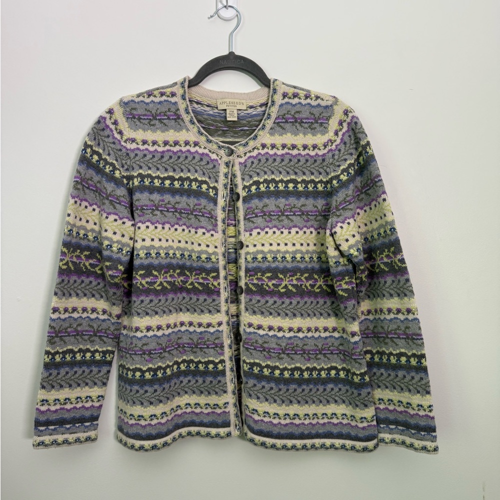Appleseed's Gray and Purple Fair Isle Cardigan Sweater